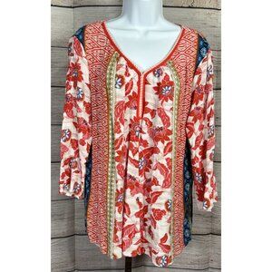Christopher & Banks Women’s Floral Boho V-Neck 3/4 Sleeve Blouse Multicolor XL